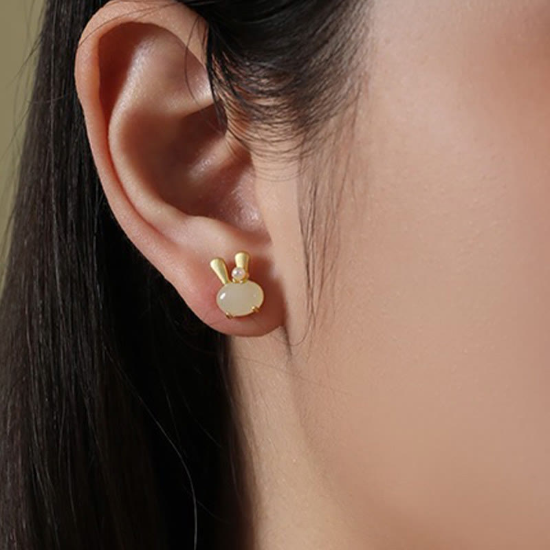 Natural Hetian Jade Rabbit Pearl Earrings