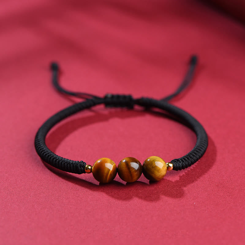 8mm Three Beads Tiger Eye Protection Bracelet with Red or Black Rope