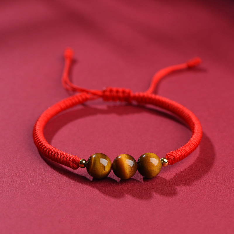8mm Three Beads Tiger Eye Protection Bracelet with Red or Black Rope