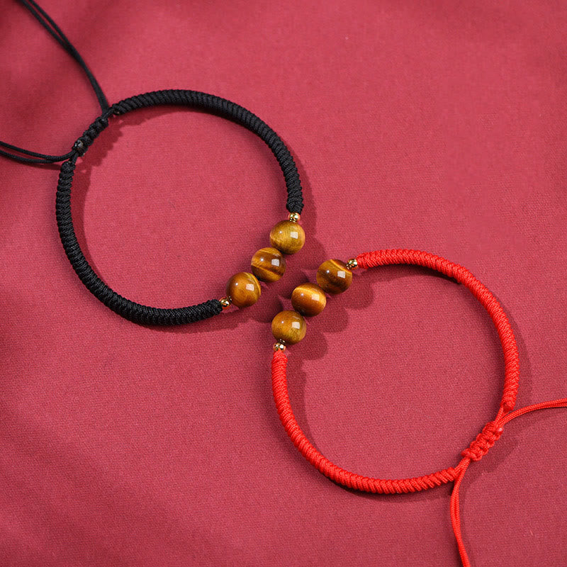 8mm Three Beads Tiger Eye Protection Bracelet with Red or Black Rope