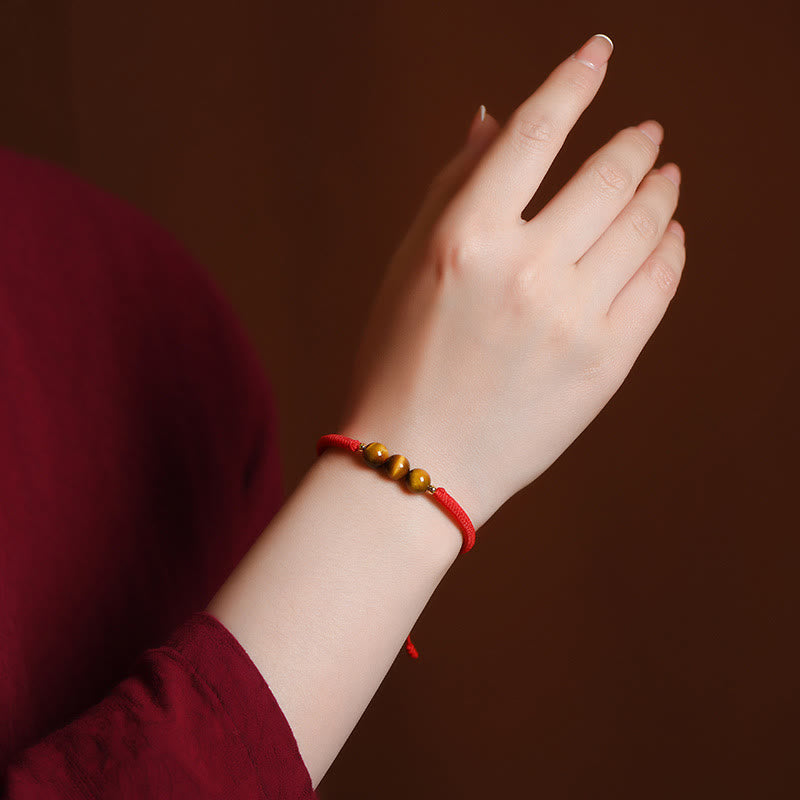 8mm Three Beads Tiger Eye Protection Bracelet with Red or Black Rope