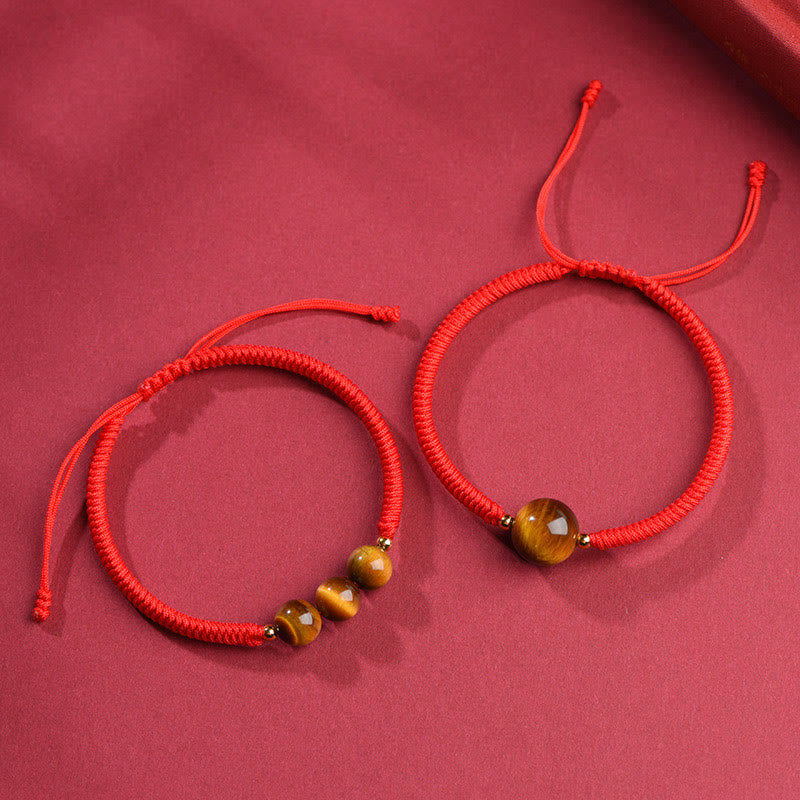 8mm Three Beads Tiger Eye Protection Bracelet with Red or Black Rope