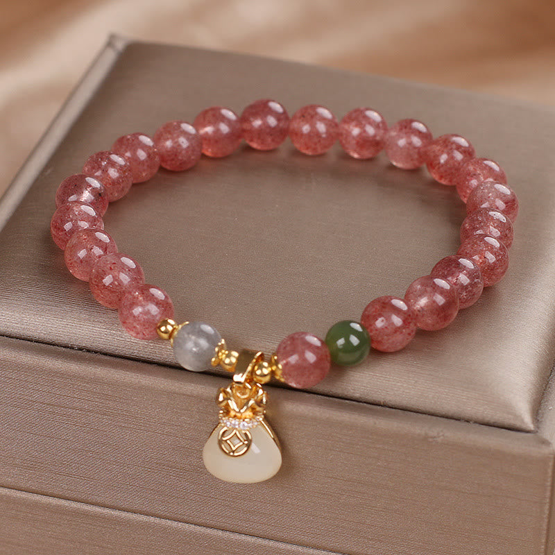 8mm Strawberry Quartz Money Bag Charm Bracelet for Women