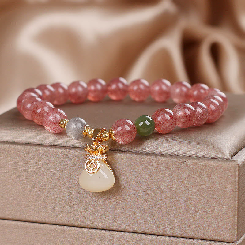 8mm Strawberry Quartz Money Bag Charm Bracelet for Women