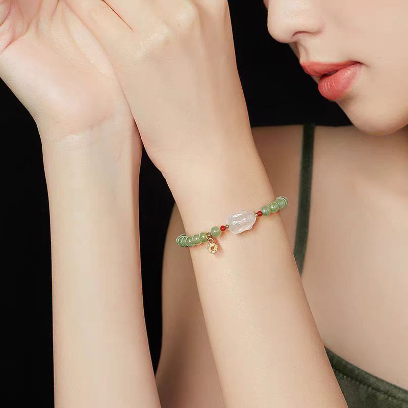6mm Hetian Jade Rabbit Copper Coin Bracelet for Luck and Prosperity