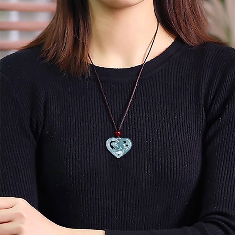 Natural Jade Love Heart Rabbit Luck Necklace Pendant