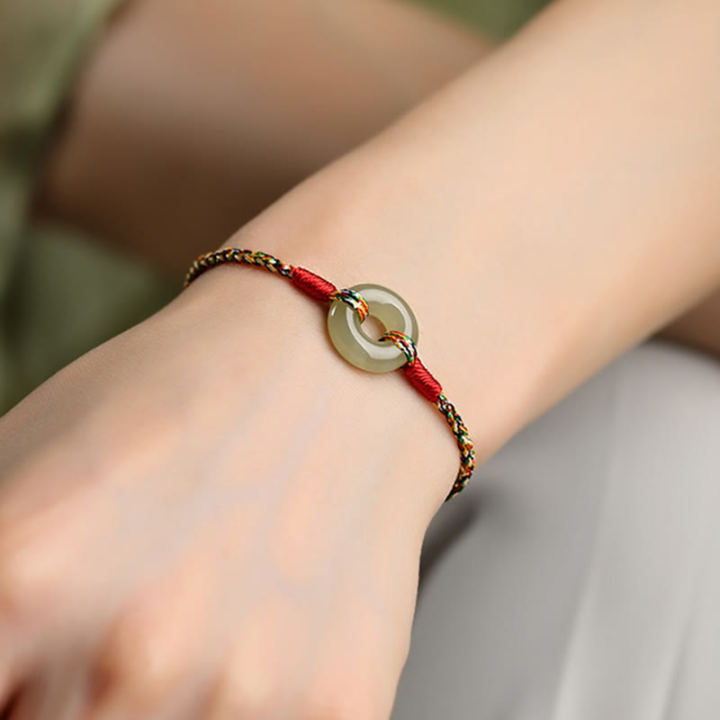 Handmade Jade Prosperity Bracelet with Peace Buckle Rope 14-17cm