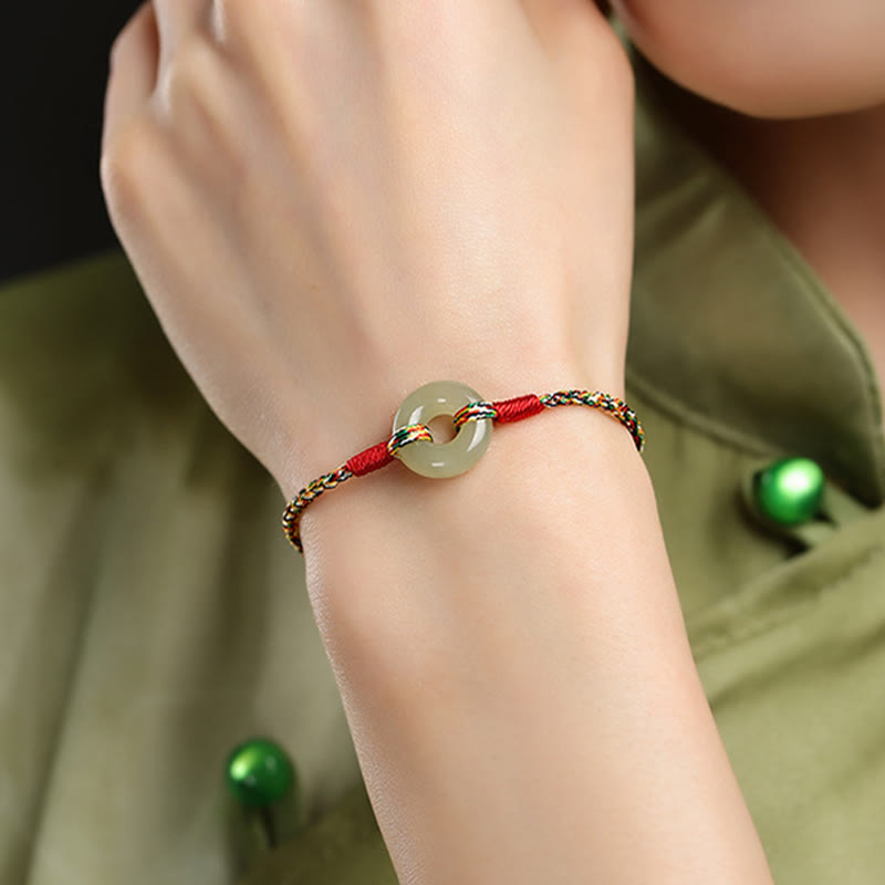 Handmade Jade Prosperity Bracelet with Peace Buckle Rope 14-17cm
