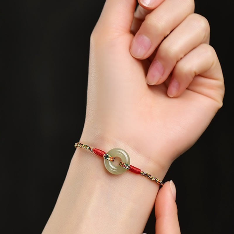 Handmade Jade Prosperity Bracelet with Peace Buckle Rope 14-17cm
