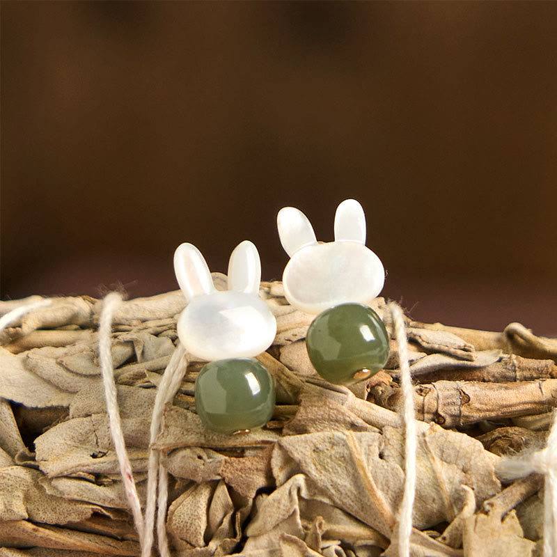 Tridacna Stone & Hetian Jade Lucky Rabbit Earrings