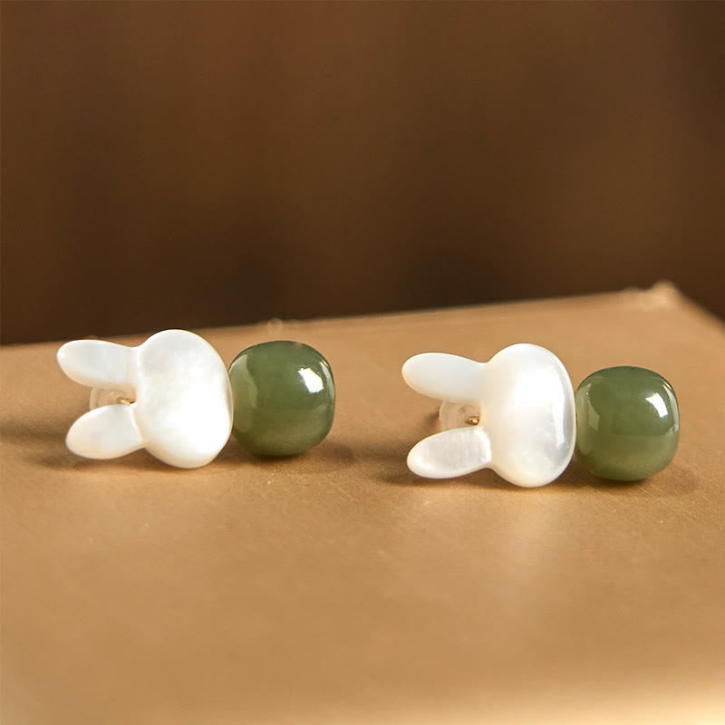 Tridacna Stone & Hetian Jade Lucky Rabbit Earrings