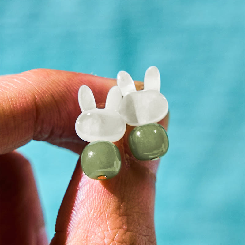 Tridacna Stone & Hetian Jade Lucky Rabbit Earrings