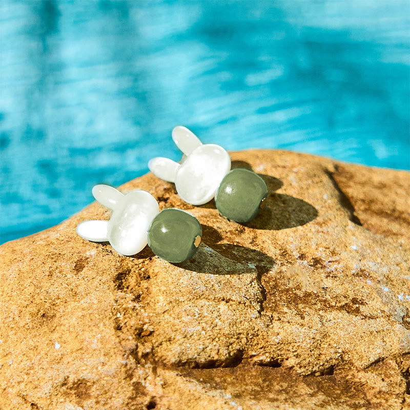 Tridacna Stone & Hetian Jade Lucky Rabbit Earrings