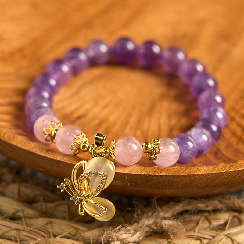8mm Amethyst Strawberry Quartz Butterfly Charm Bracelet
