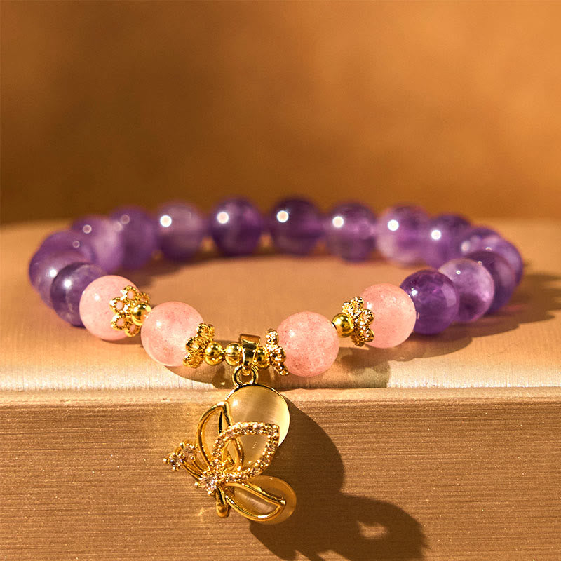 8mm Amethyst Strawberry Quartz Butterfly Charm Bracelet