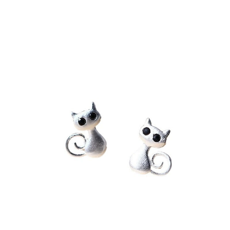 Sterling Silver Cute Cat Blessing Stud Earrings