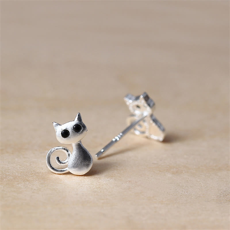 Sterling Silver Cute Cat Blessing Stud Earrings