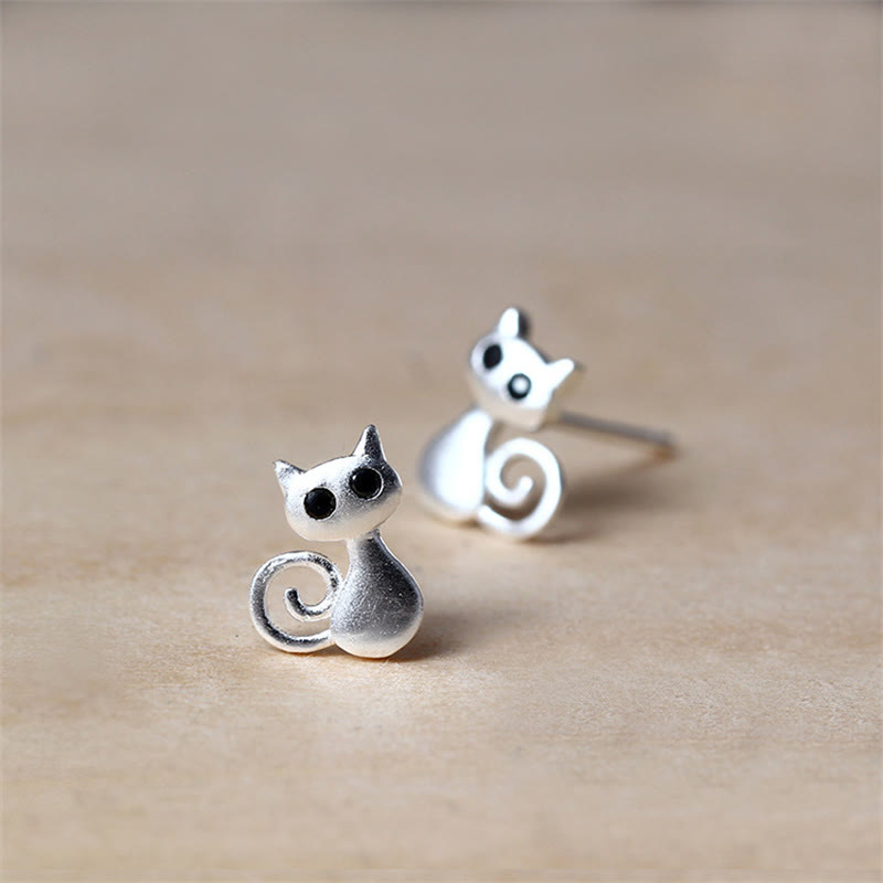 Sterling Silver Cute Cat Blessing Stud Earrings