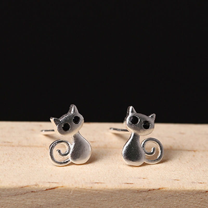 Sterling Silver Cute Cat Blessing Stud Earrings