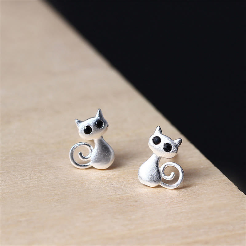 Sterling Silver Cute Cat Blessing Stud Earrings