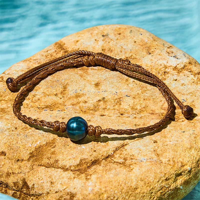Tahitian Black Pearl Wisdom Bracelet on Wax Rope, 14-19cm