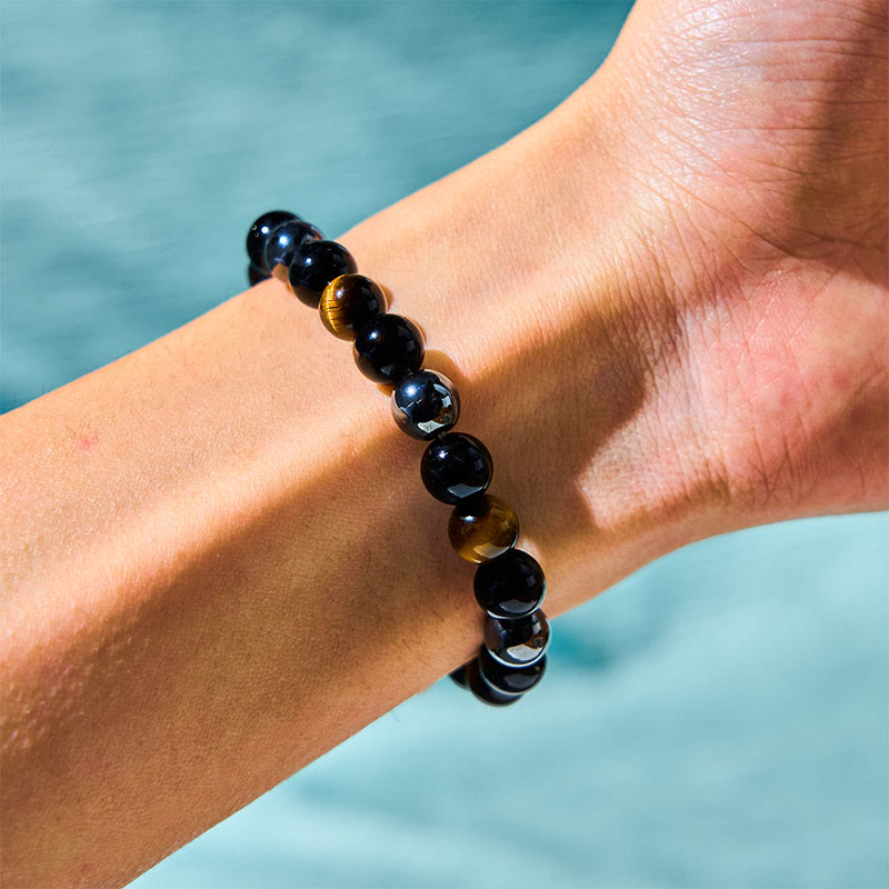 Men's 8mm Tiger Eye Obsidian Hematite Bracelet for Protection