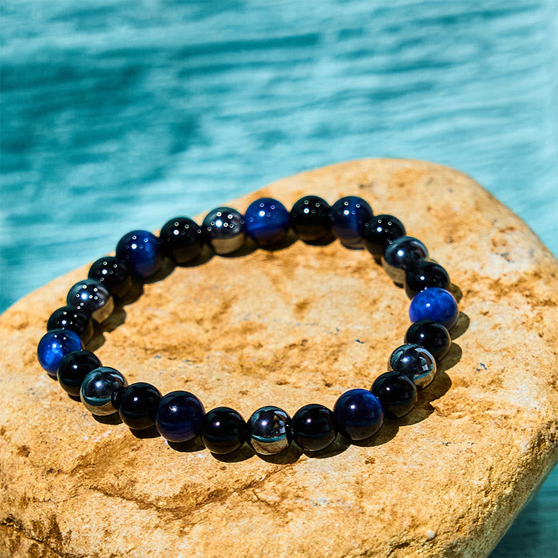 Men's 8mm Tiger Eye Obsidian Hematite Bracelet for Protection