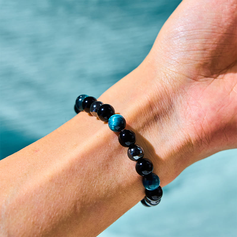 Men's 8mm Tiger Eye Obsidian Hematite Bracelet for Protection