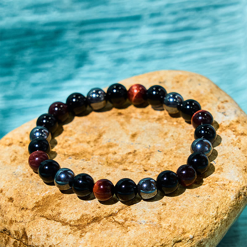 Men's 8mm Tiger Eye Obsidian Hematite Bracelet for Protection