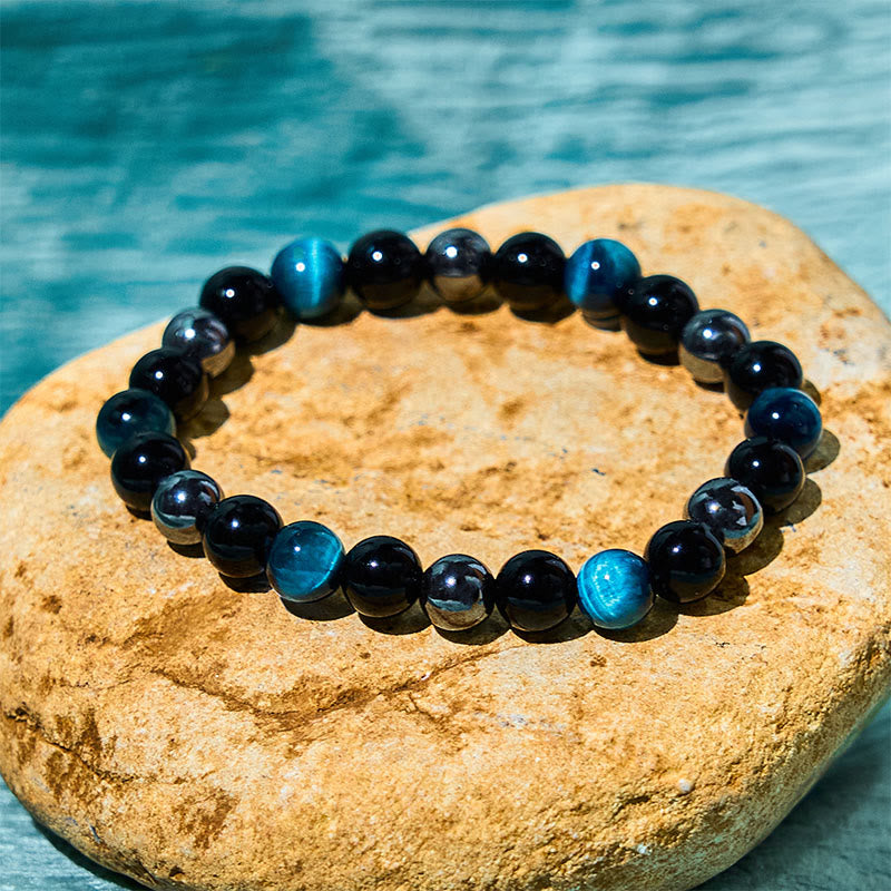 Men's 8mm Tiger Eye Obsidian Hematite Bracelet for Protection