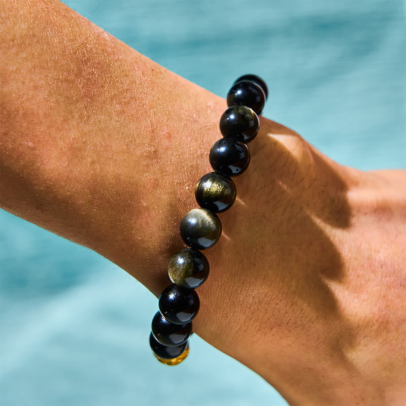 10mm Gold Sheen Obsidian Pixiu Om Mani Padme Hum Wealth Bracelet