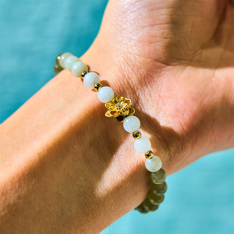 8mm Natural Hetian Jade Lotus Abundance Bracelet