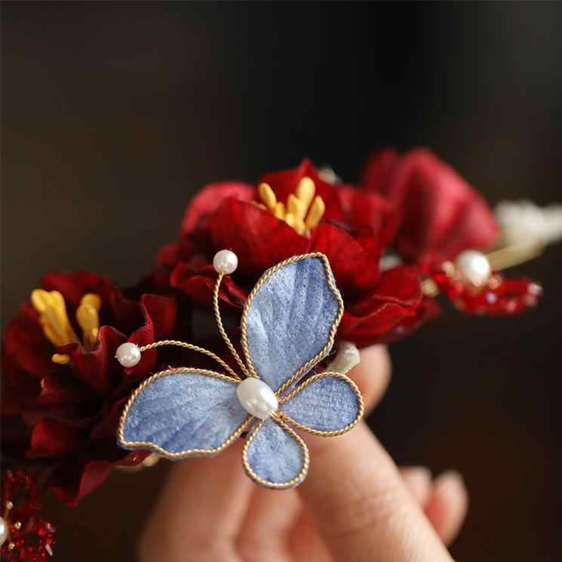 Red Flower Butterfly Chinese Wedding Hair Clip for Bride