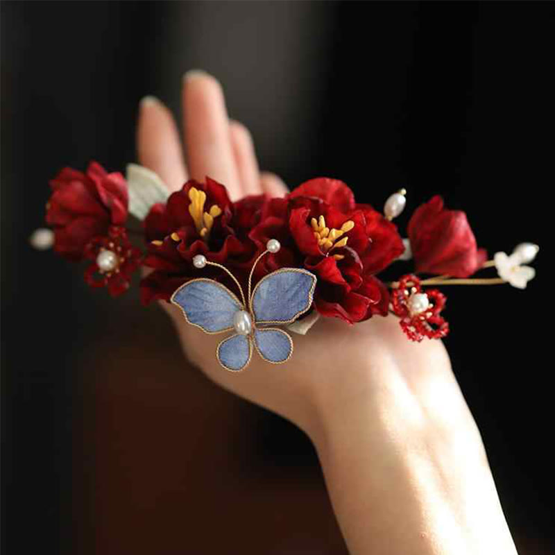 Red Flower Butterfly Chinese Wedding Hair Clip for Bride