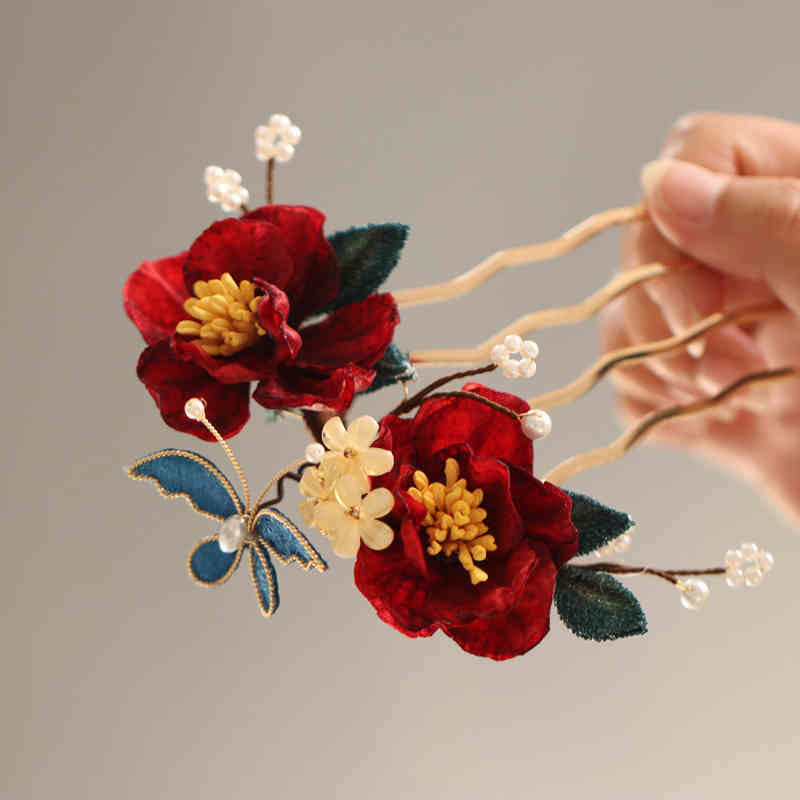 Red Camellia Butterfly Chinese Hairpin for Transformation & Hope