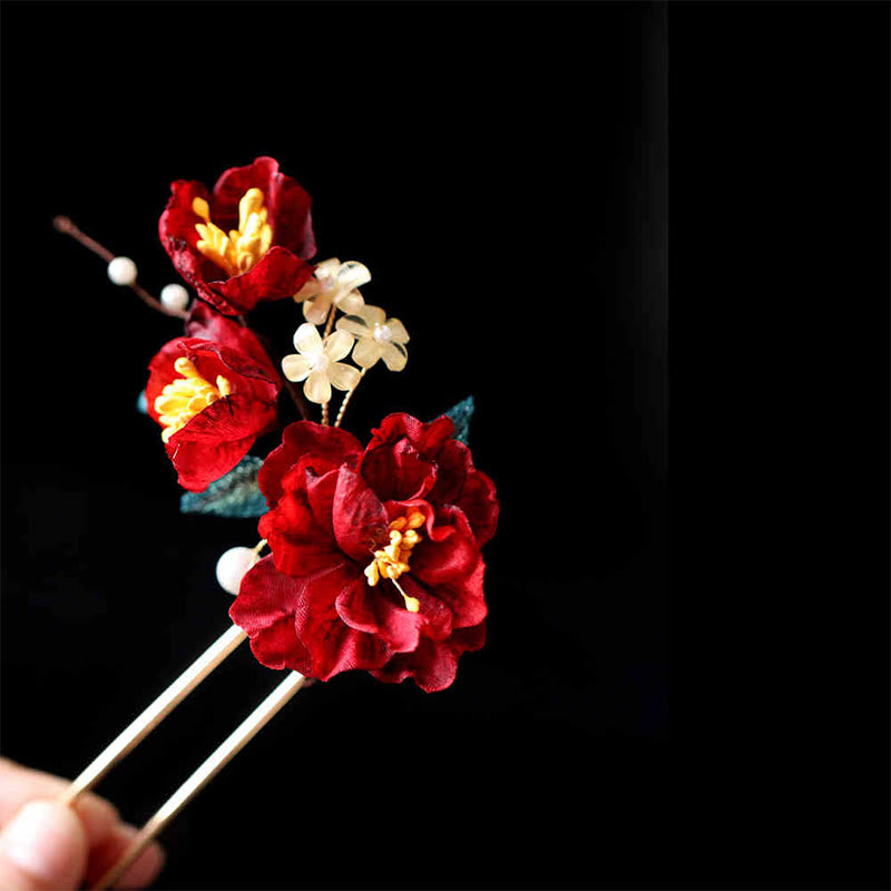 Red Camellia Butterfly Chinese Hairpin for Transformation & Hope