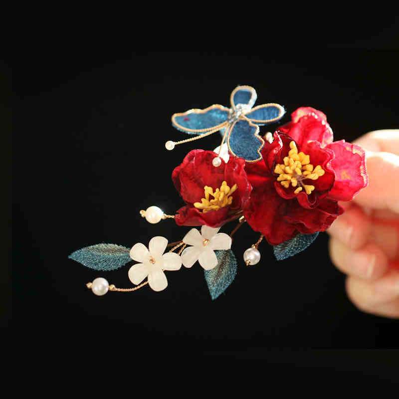 Red Camellia Butterfly Chinese Hairpin for Transformation & Hope