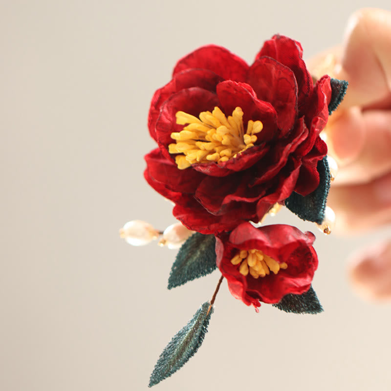 Red Camellia Butterfly Chinese Hairpin for Transformation & Hope