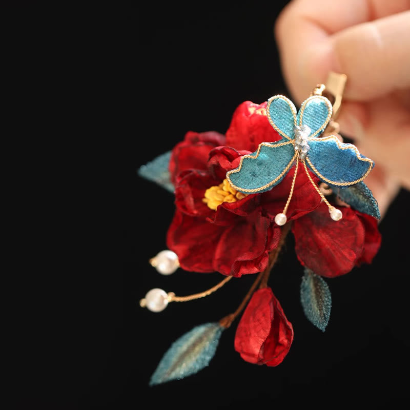 Red Camellia Butterfly Chinese Hairpin for Transformation & Hope