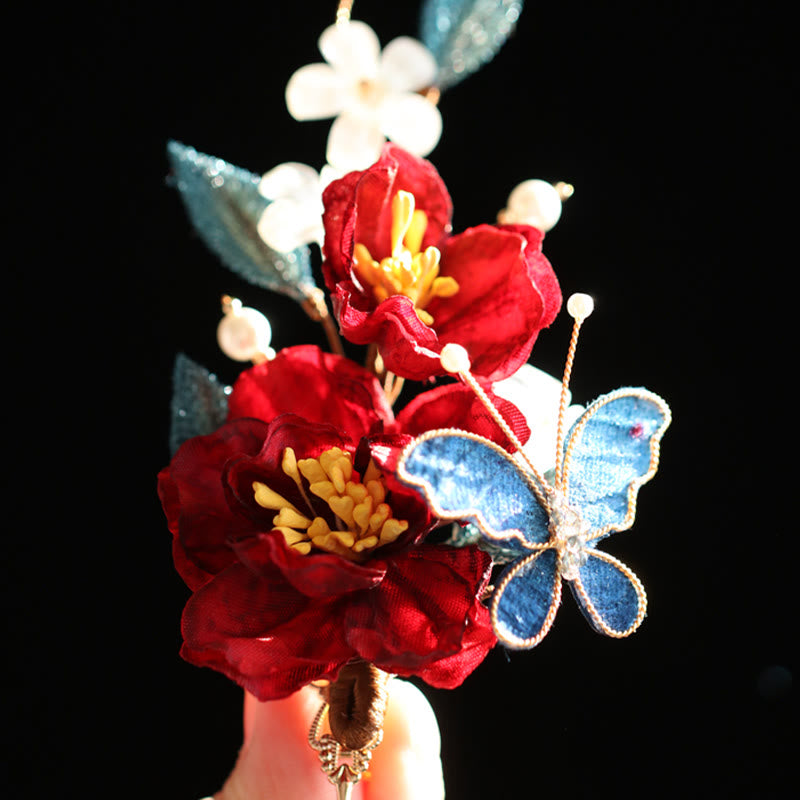 Red Camellia Butterfly Chinese Hairpin for Transformation & Hope