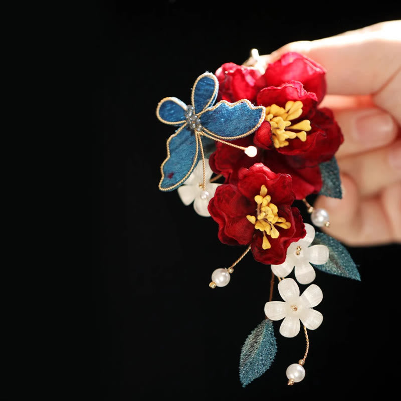 Red Camellia Butterfly Chinese Hairpin for Transformation & Hope