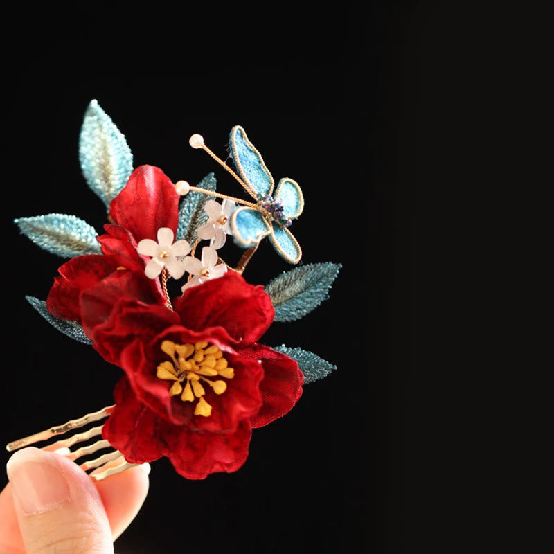 Red Camellia Butterfly Chinese Hairpin for Transformation & Hope
