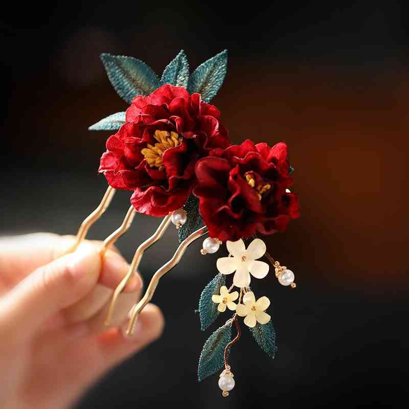 Red Camellia Butterfly Chinese Hairpin for Transformation & Hope