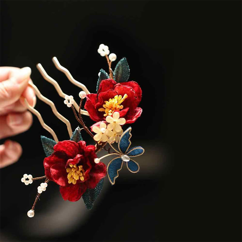 Red Camellia Butterfly Chinese Hairpin for Transformation & Hope