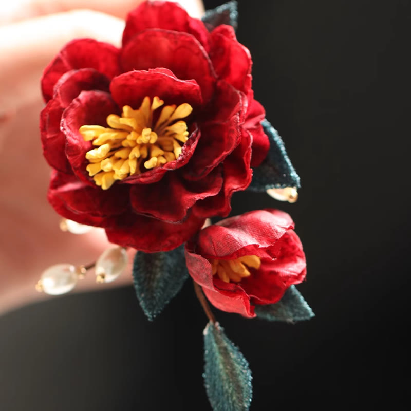 Red Camellia Butterfly Chinese Hairpin for Transformation & Hope