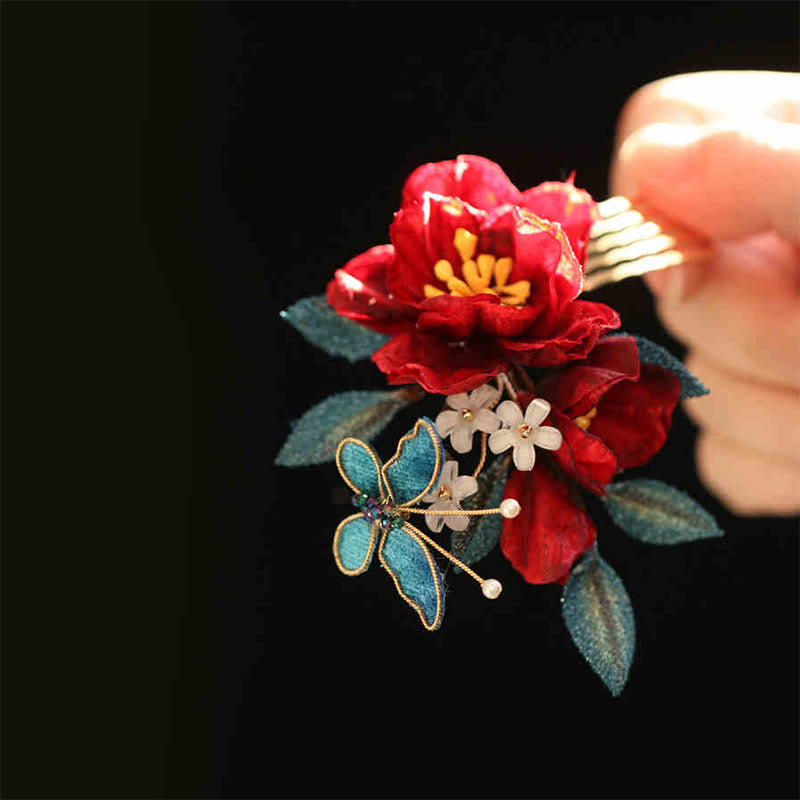 Red Camellia Butterfly Chinese Hairpin for Transformation & Hope