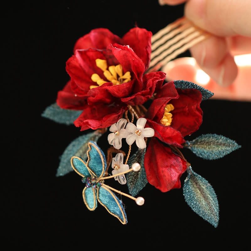 Red Camellia Butterfly Chinese Hairpin for Transformation & Hope