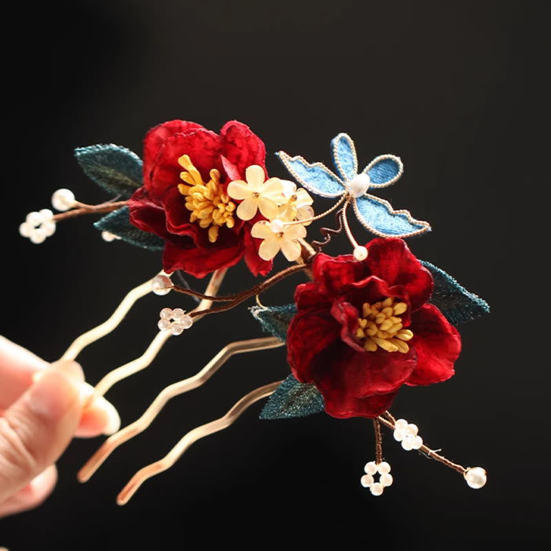 Red Camellia Butterfly Chinese Hairpin for Transformation & Hope