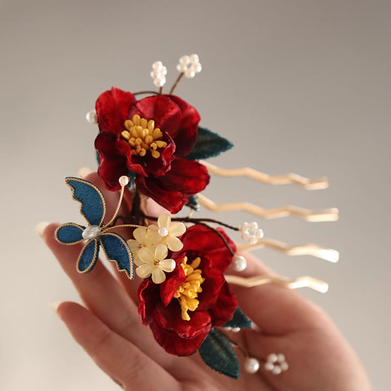 Red Camellia Butterfly Chinese Hairpin for Transformation & Hope