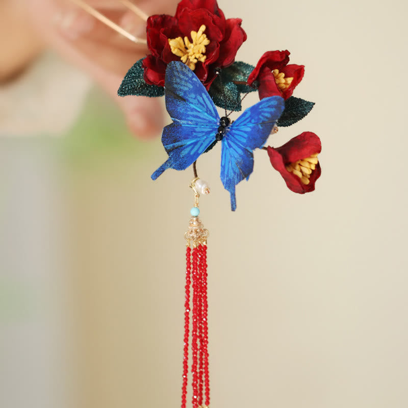 Chinese Hairpin | Red Flower & Blue Butterfly Design